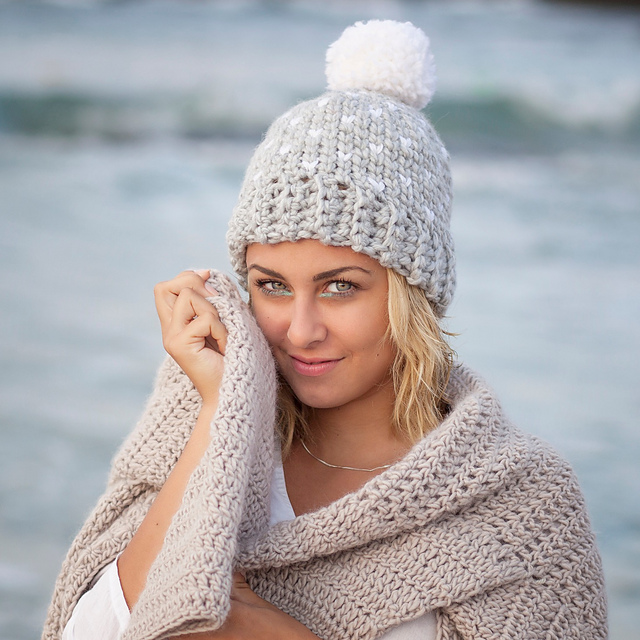 Fair isle knit look hat with pompom