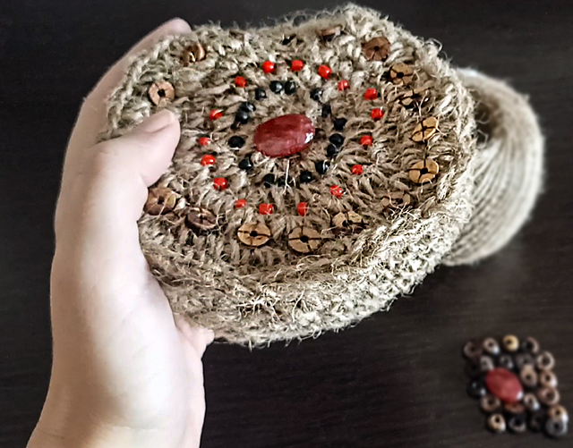 Beaded Twine Basket with an Attached Lid