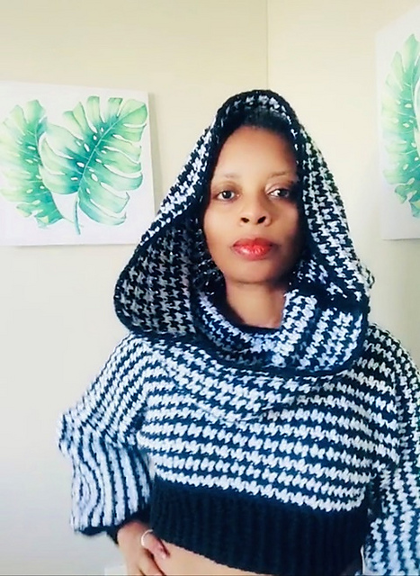 Houndstooth Cropped Hooded  Sweater