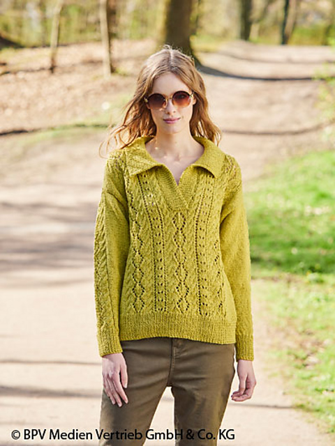 # 17 Polo-Pulli mit Zopf-Ajourmuster