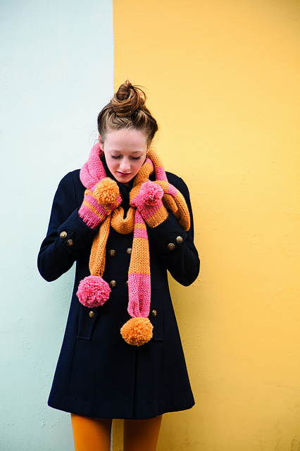 Striped Scarf and Mittens with Giant Pompoms
