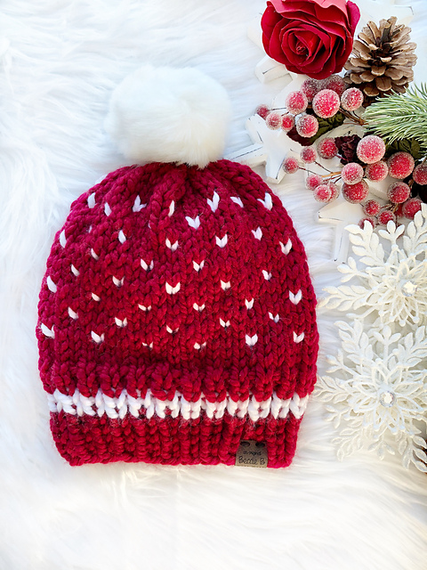 Fair Isle 2-Color Tiny Hearts Beanie Hat
