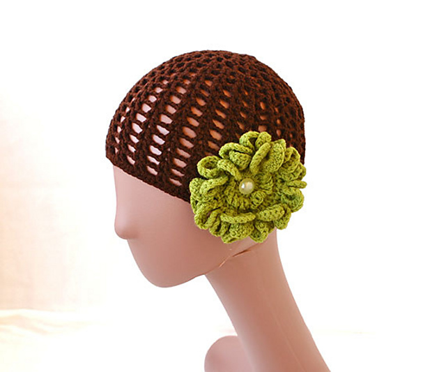 Brown Beanie Summer Hat with Detachable Flower
