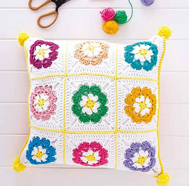 Rainbow Posy Granny Square Cushion