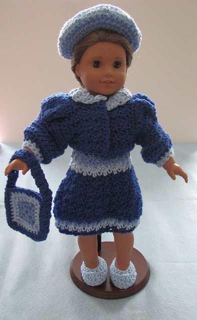 Three Blues Dress, Jacket, Purse, Hat & Shoes Set For American Girl Dolls