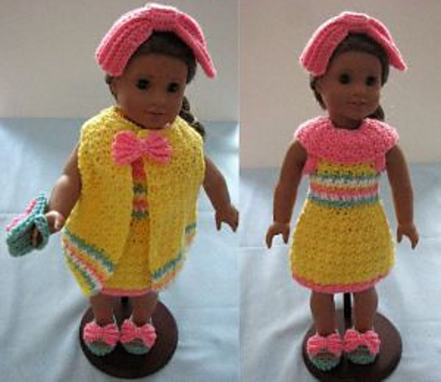 Yellow Stripes Dress, Cape, Hat, Purse and Shoes Outfit For American Girl Size Dolls
