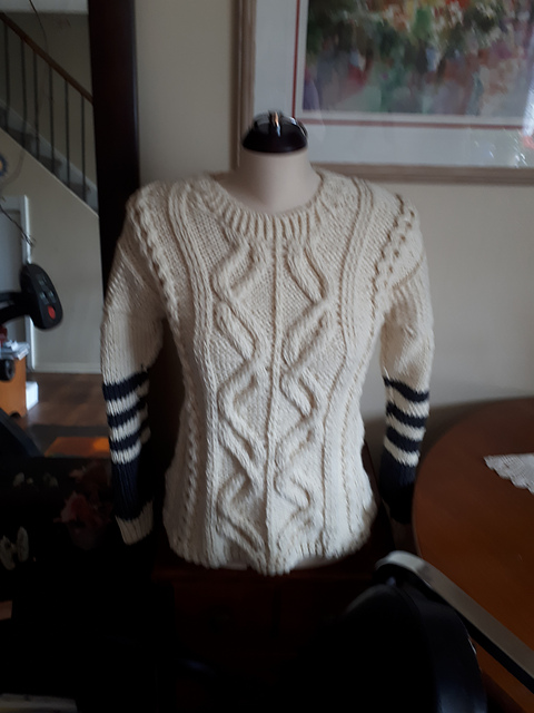aran sweater with stripes and skye blue
