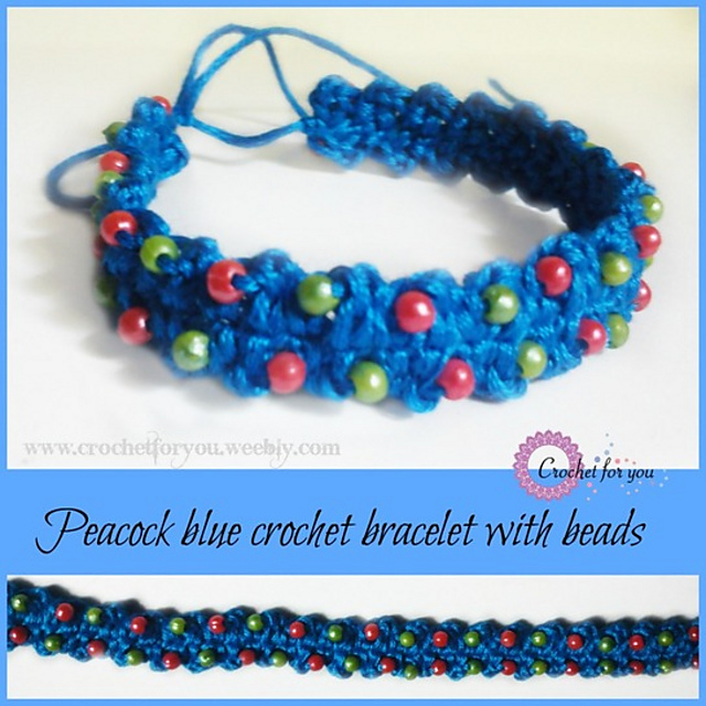 Peacock blue crochet bracelet with beads