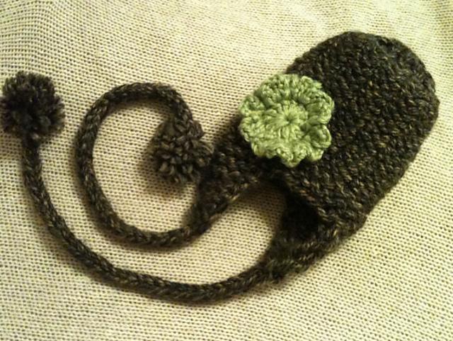 Mossy Earflap Hat with tails & pom poms