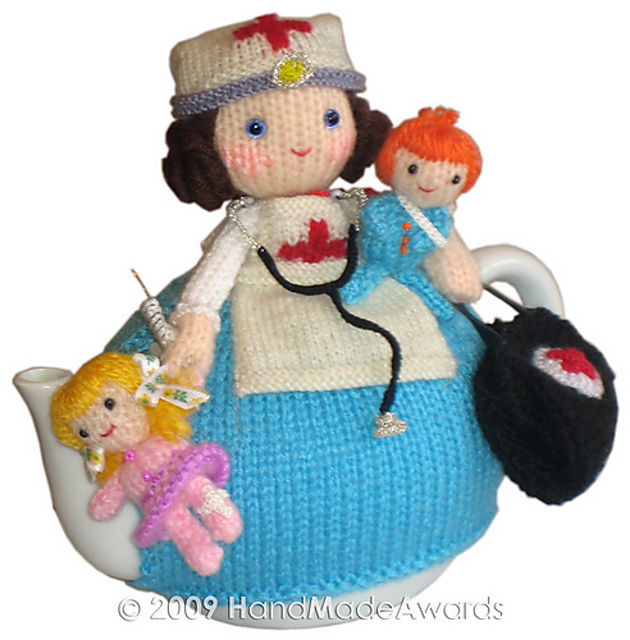 Maureen Nurse doll with children tea cosy Crochet