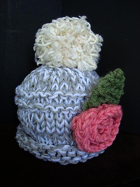 585 Knitted touque hat, flower, leaf, unisex, 