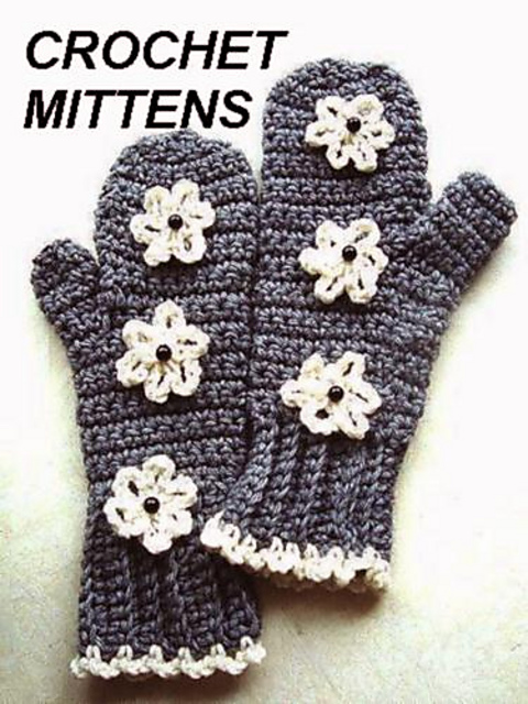 199 GREY CROCHET MITTENS WITH CREAM FLOWERS