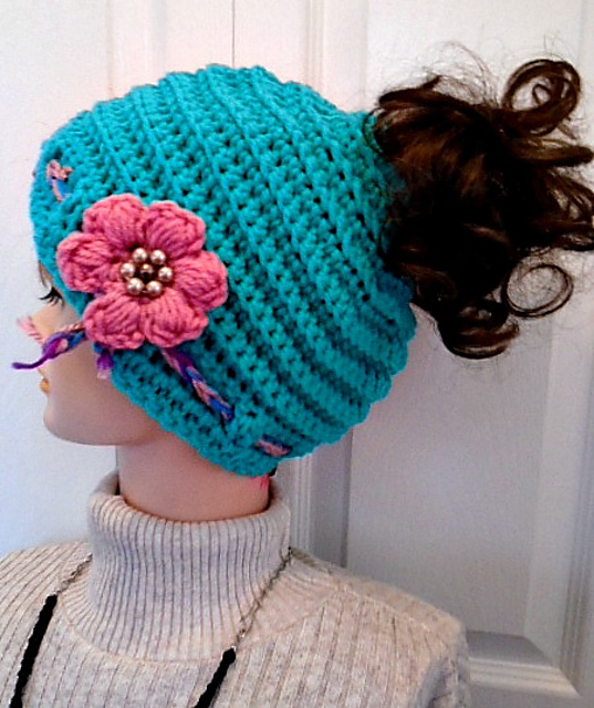 1089-YT Messy Bun Hat, Pony tail hat