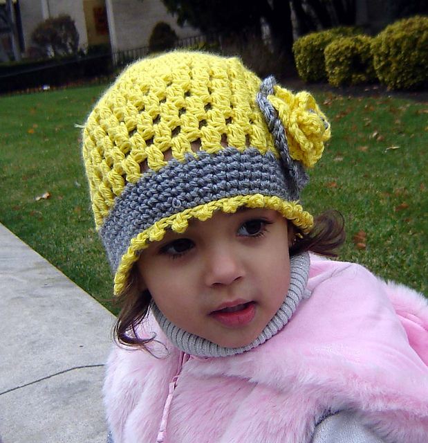 Yellow Open Weave Cloche Hat with Flower