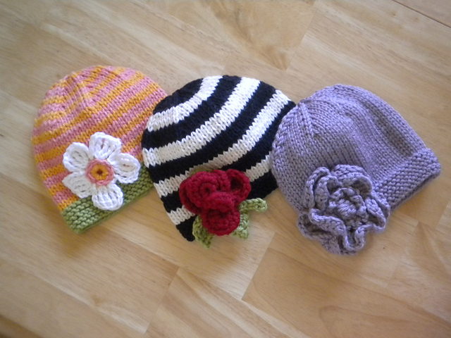 Knitted Baby Hats with Crocheted Flowers