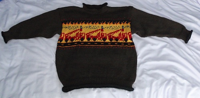 0607-8 Blue Tweed Sweater with Fire Truck