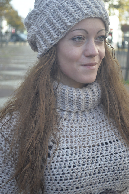 Basketweave Pullover with Slouchy Beanie Hat