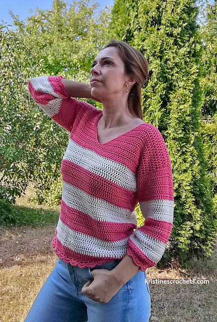 Striped V-Neck Scallop Sweater