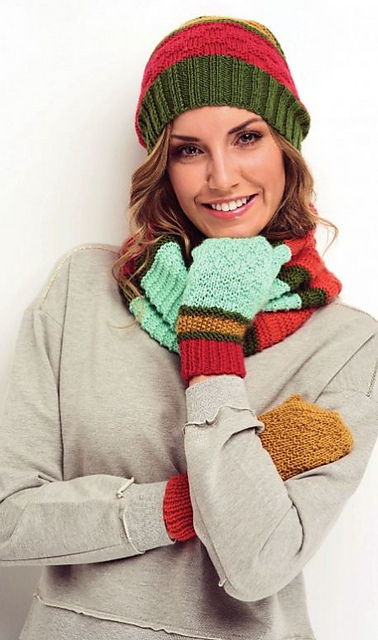 Stripe Hat, Mittens and Cowl