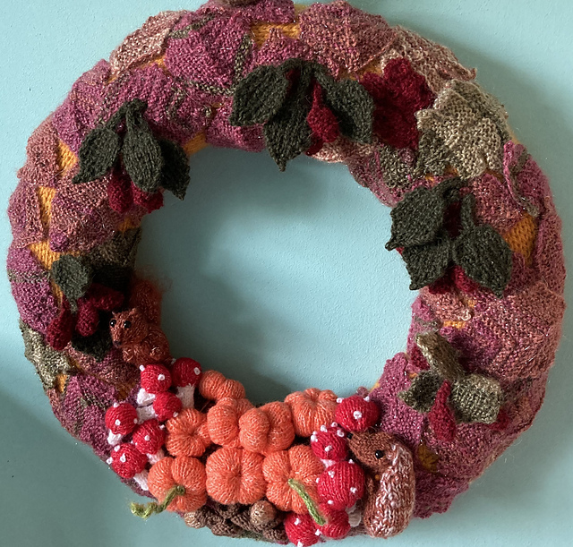 Autumn pumpkin squirrel falling leaves wreath