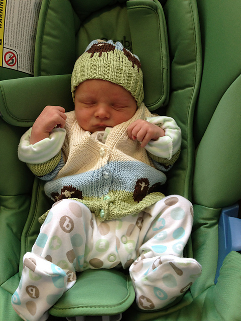 Blue hat, mittens, booties