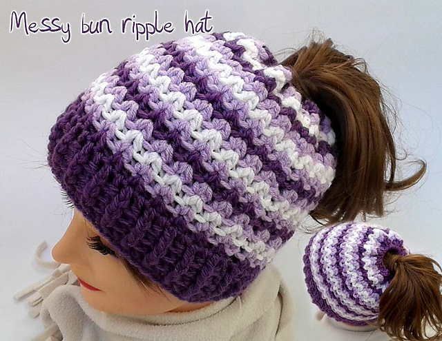 Ravelry: Messy bun ripple hat pattern by CraftyLady