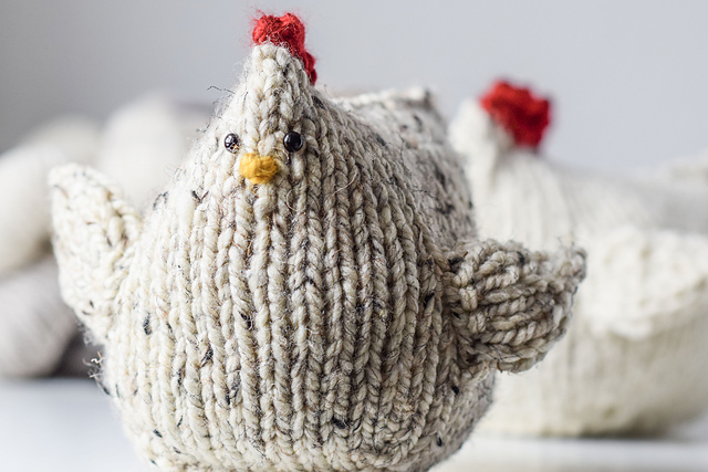 chicken stuffed animal knit from grey wool. pattern featured in super bulky knitting patterns list