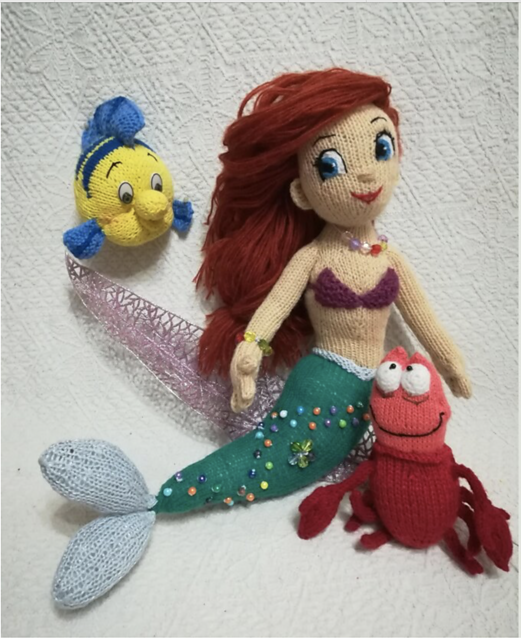 Knitted Mermaid and Flounder fish, Crab Sebastian