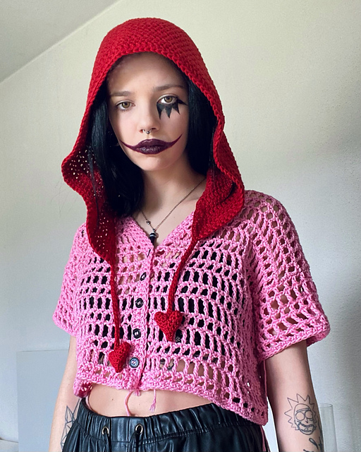 ★RONRON★ HEART CROCHET PATTERN HOODED WINDBREAKER JUMPER P HEART CROCHET PATTERN HOODED WINDBREAKER JUMPER PINK