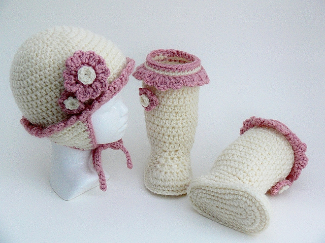 Baby Girl Ear Flap Hat and Booties