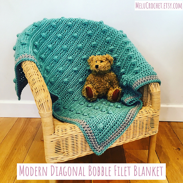 Modern Diagonal Bobble Filet Blanket
