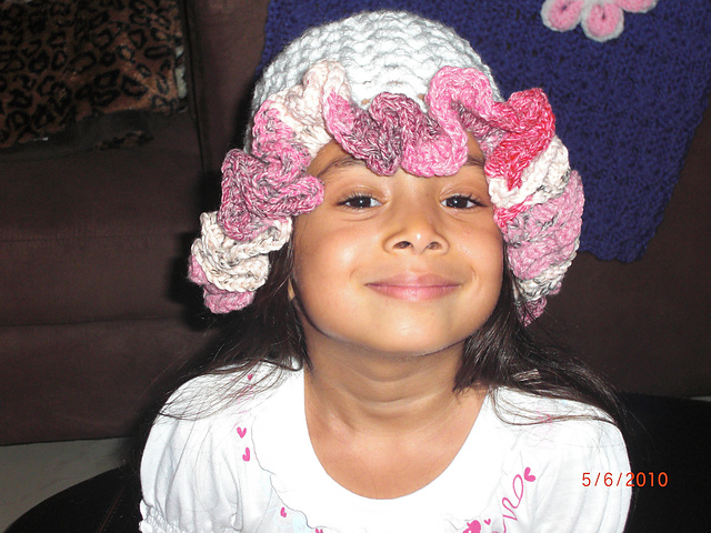 Youth size crochet V-stitch cap with ruffle