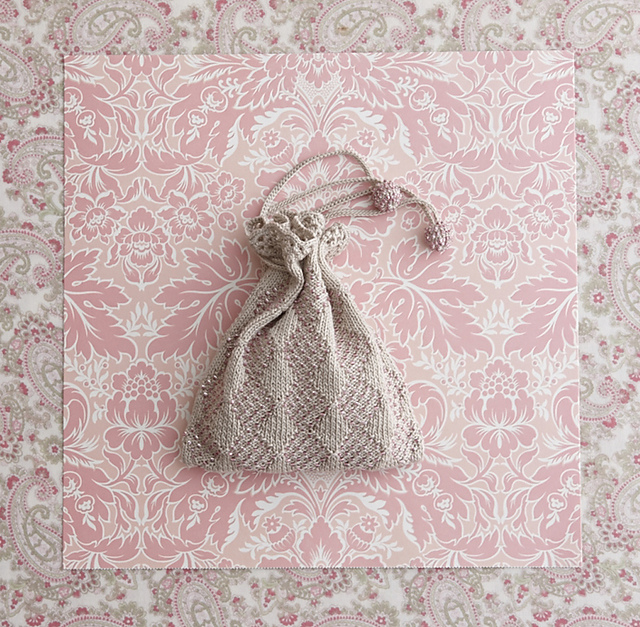 Beaded Beige Pouch with crocheted ball