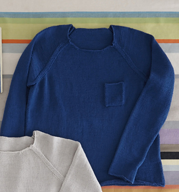 A pullover with blue raglan sleeves