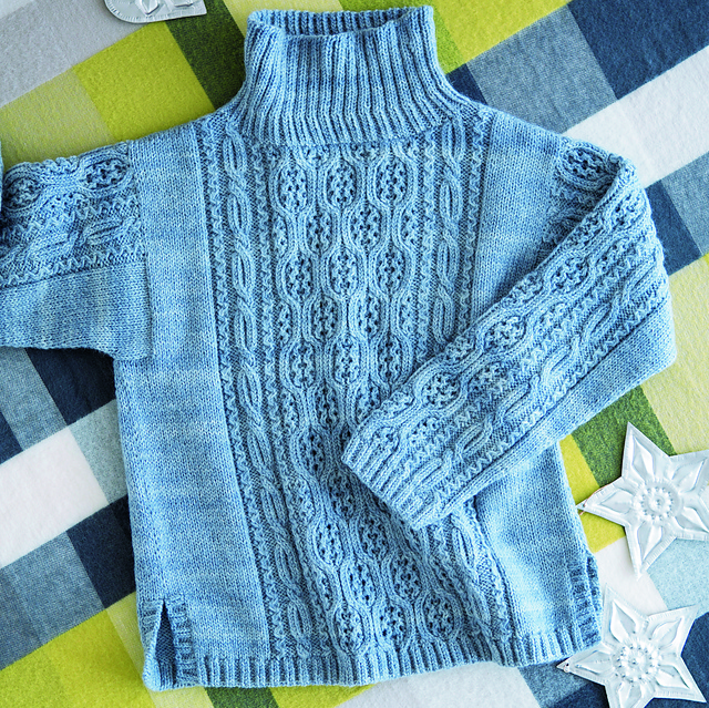 p.91 Cable and lace stitch turtle neck pullover
