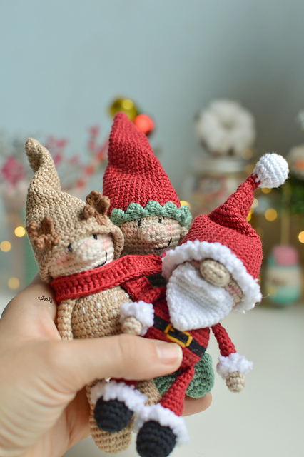 Gnomo Santa, elfo y reno amigurumi