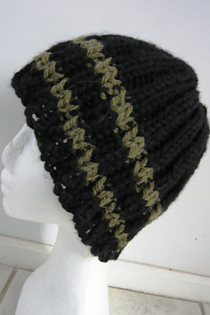 Beanie in 2 x 2 rib in 3 colour stripes
