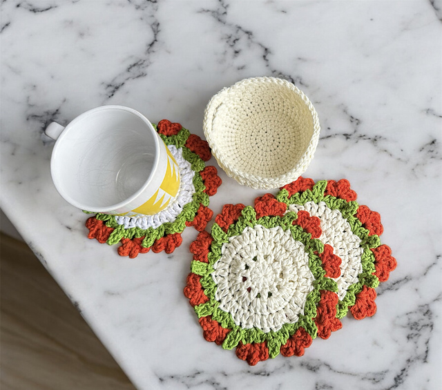 Red Flower Coasters and Basket