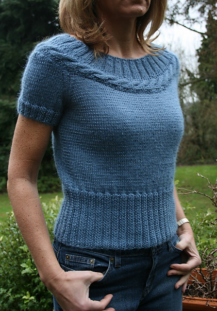 Cable and Rib Yoked Top in Denim