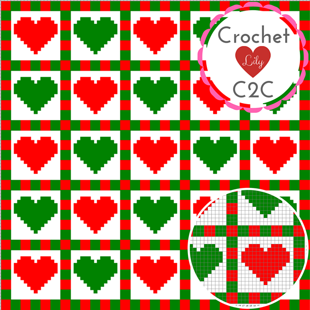 Red and green hearts C2C blanket