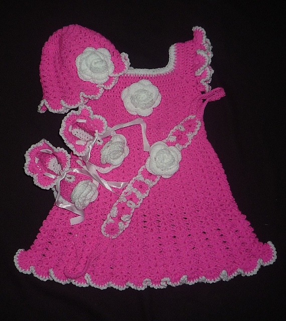 pinky hat, dress, headband and booties
