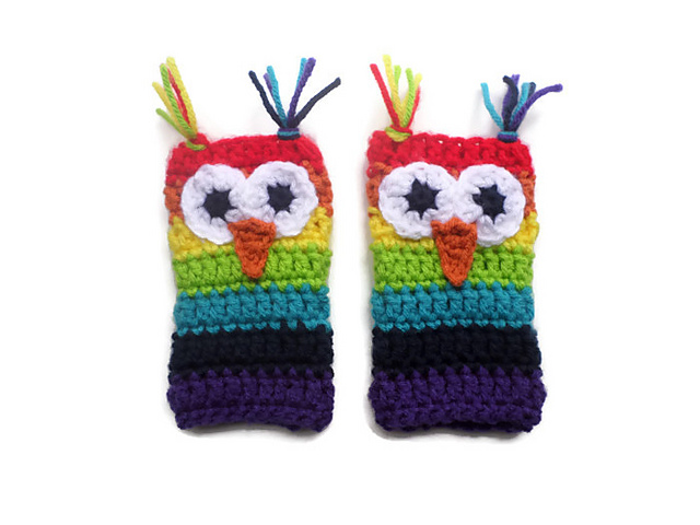 Rainbow Owl Fingerless Gloves