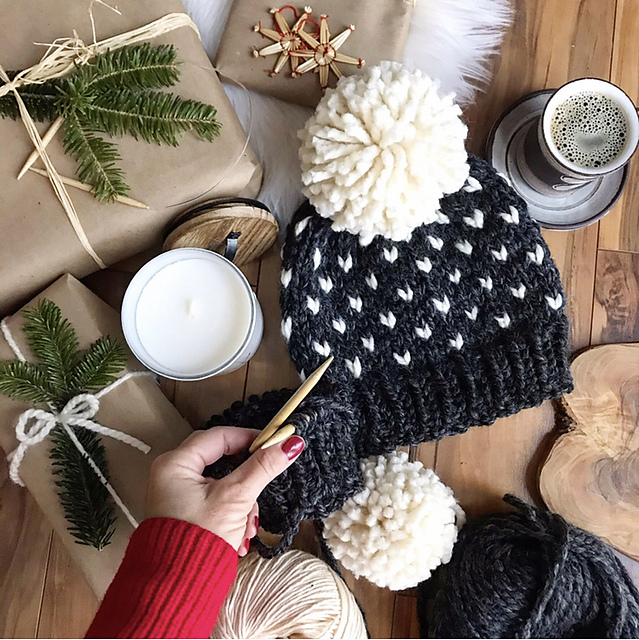 Heart Print Fair Isle Knit Beanie Hat