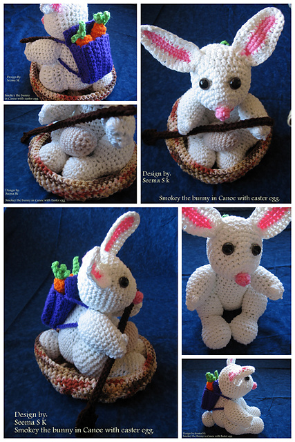 Smokey the bunny in round boat with easter egg.