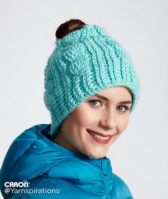 Twist Stitch Messy Bun Crochet Hat