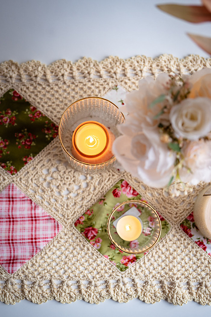 Vintage Charm Fabric & Crochet Table Runner