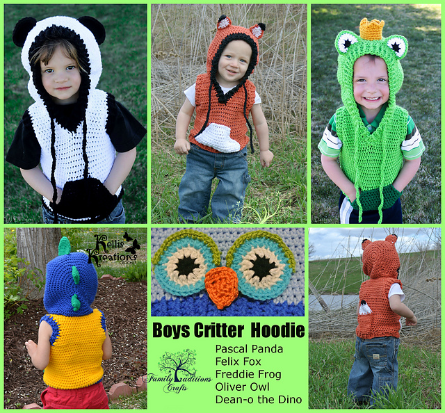 Critter Hoodie: Frog, Fox, Panda Bear, Dino, Owl