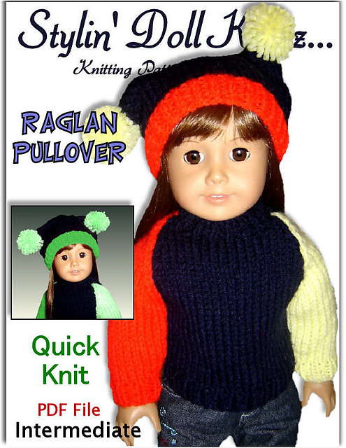 Fits American Girl Doll and 18 inch dolls. Raglan Pullover.