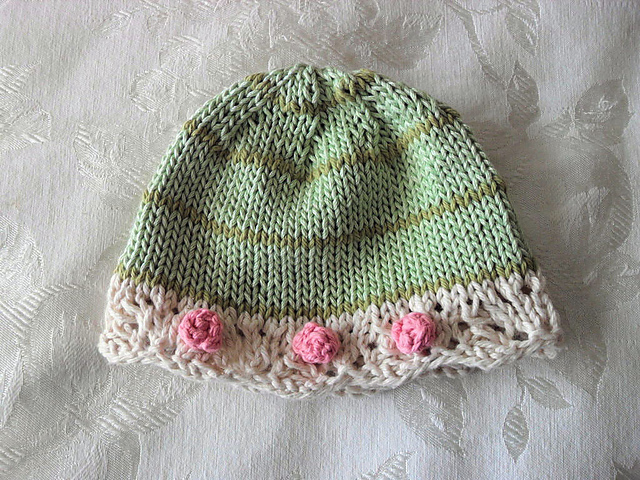 Green Stripes and Pink Bobbles Baby Cloche