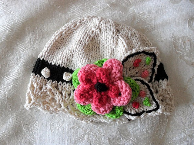 Knitted Baby Cloche with Ivory Scalloped Lace